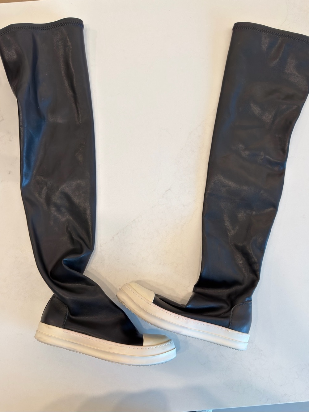Rick Owens Black Over-the-Knee Slip-On Leather Boots with White Sole